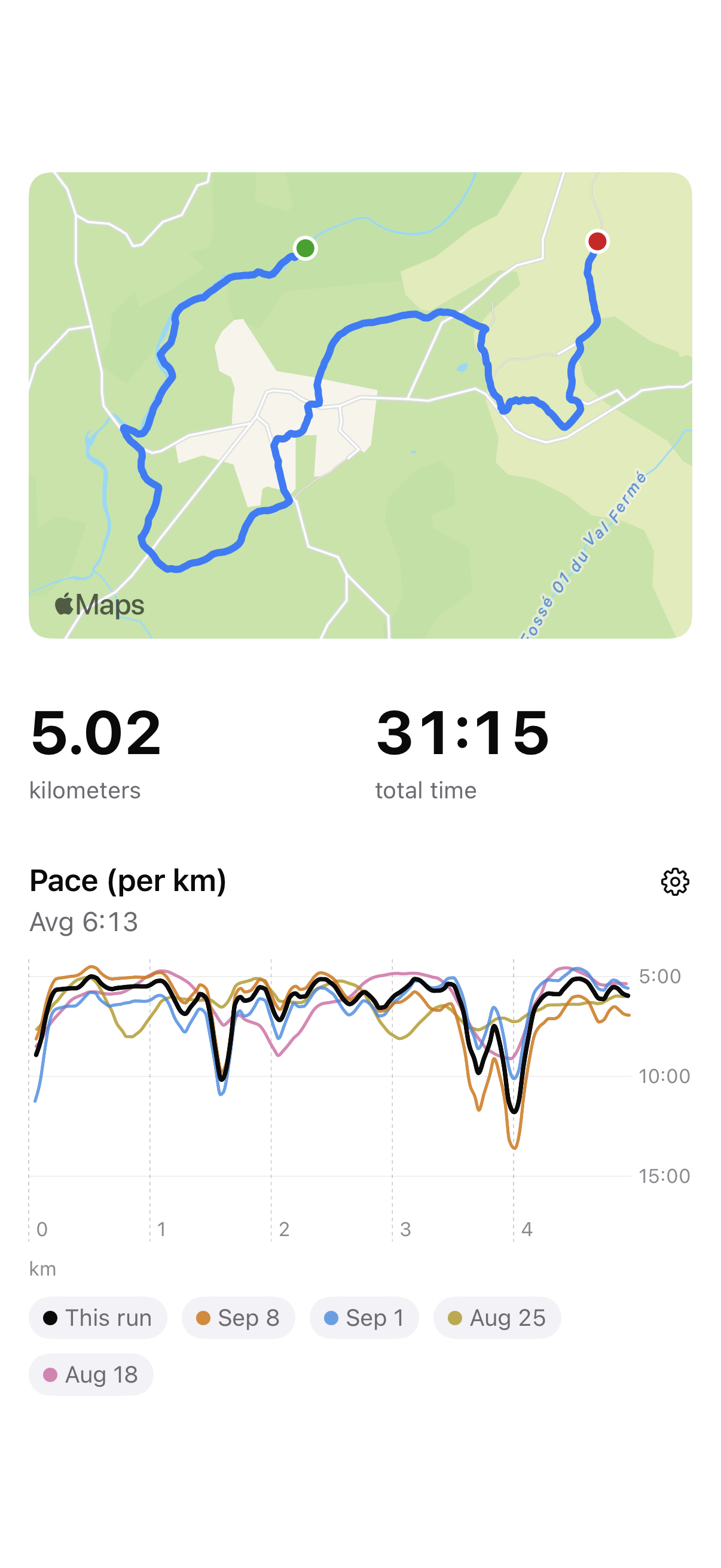 PTrace run detail: a route map, 5.02 kilometres in 31:15, and a pace chart comparing this run with four similar runs: 8 September, 1 September, 25 August and 18 August. Average pace 6:13 per kilometre.